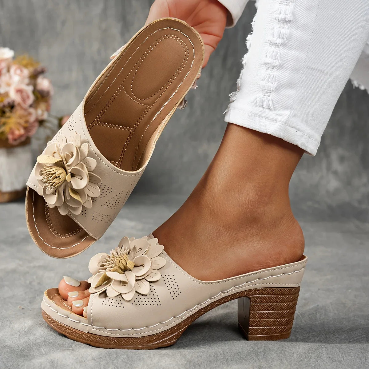 Delfina Floral Block Heel