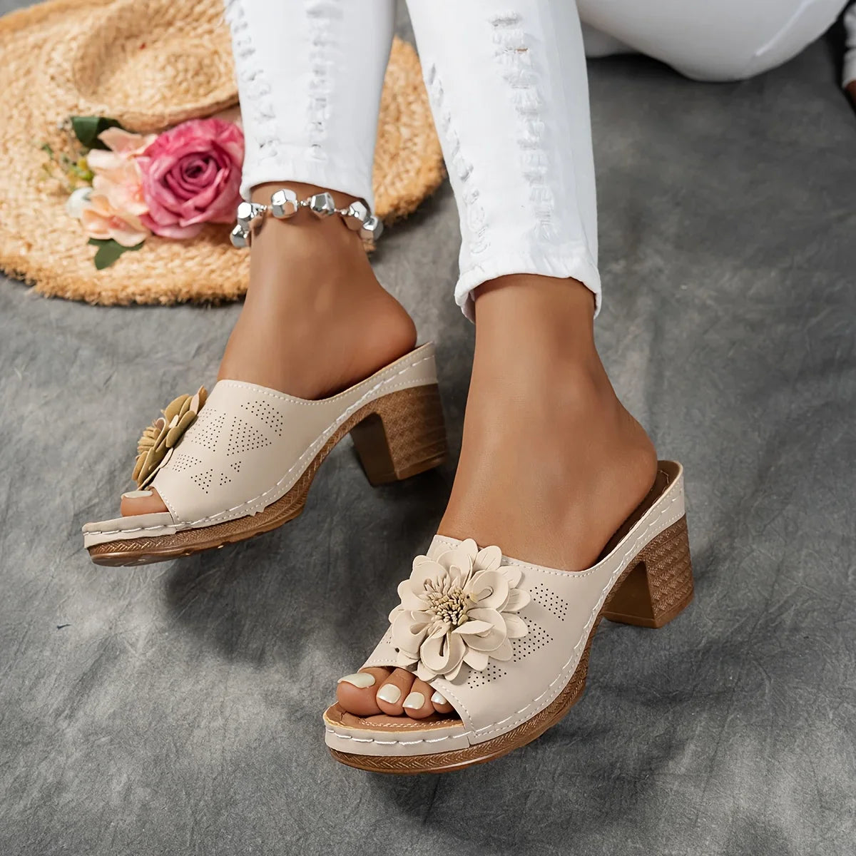 Delfina Floral Block Heel
