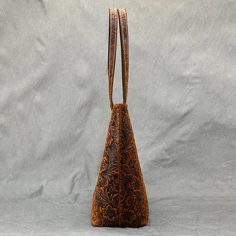 Vintage Floral Embossed Leather Tote